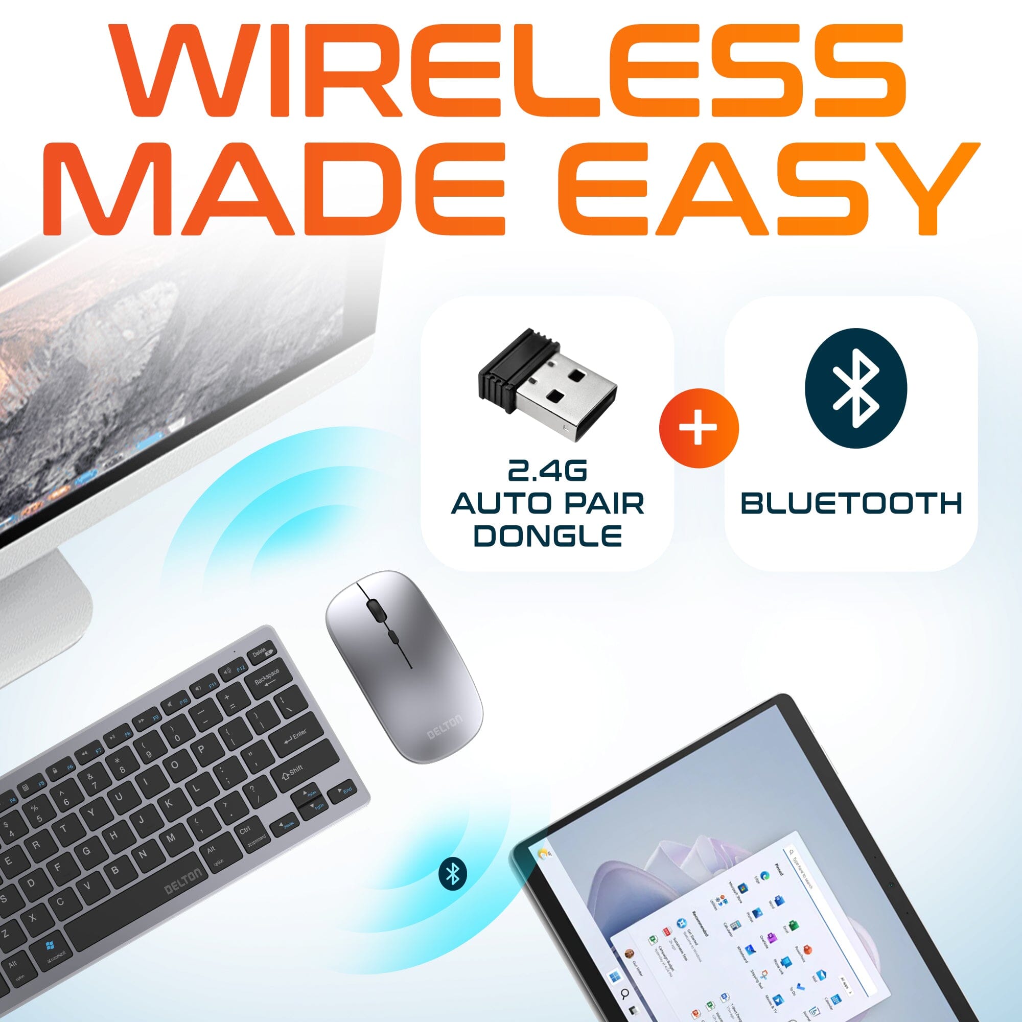 Delton N35 Wireless Keyboard and Mouse, Bluetooth Keyboard Mouse Combo Auto Pair USB Dongle Wireless Keyboard & Mouse Set - Tophatter Daily Deals